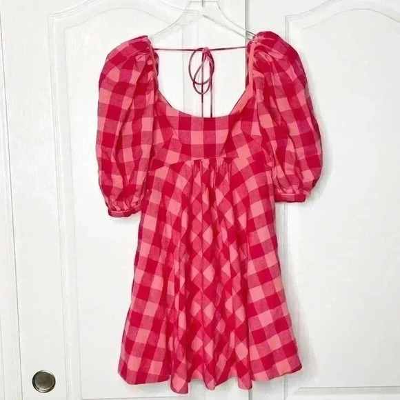 Acler Pink and Red Gingham Puff-Sleeve Mini Dress - Picture 5 of 14